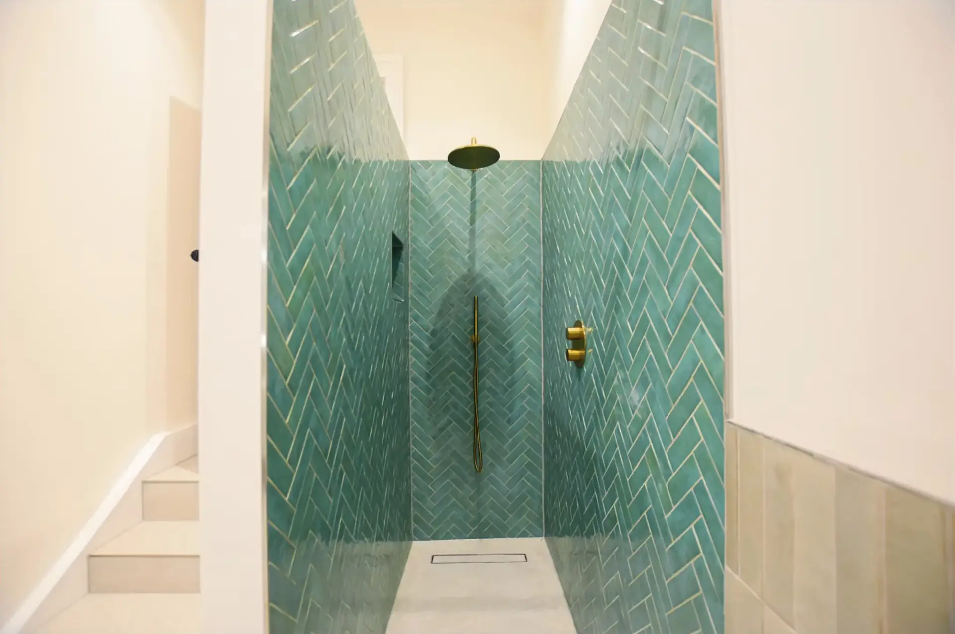 Teal herringbone tiling in walk-in shower, family bathroom, Clapham