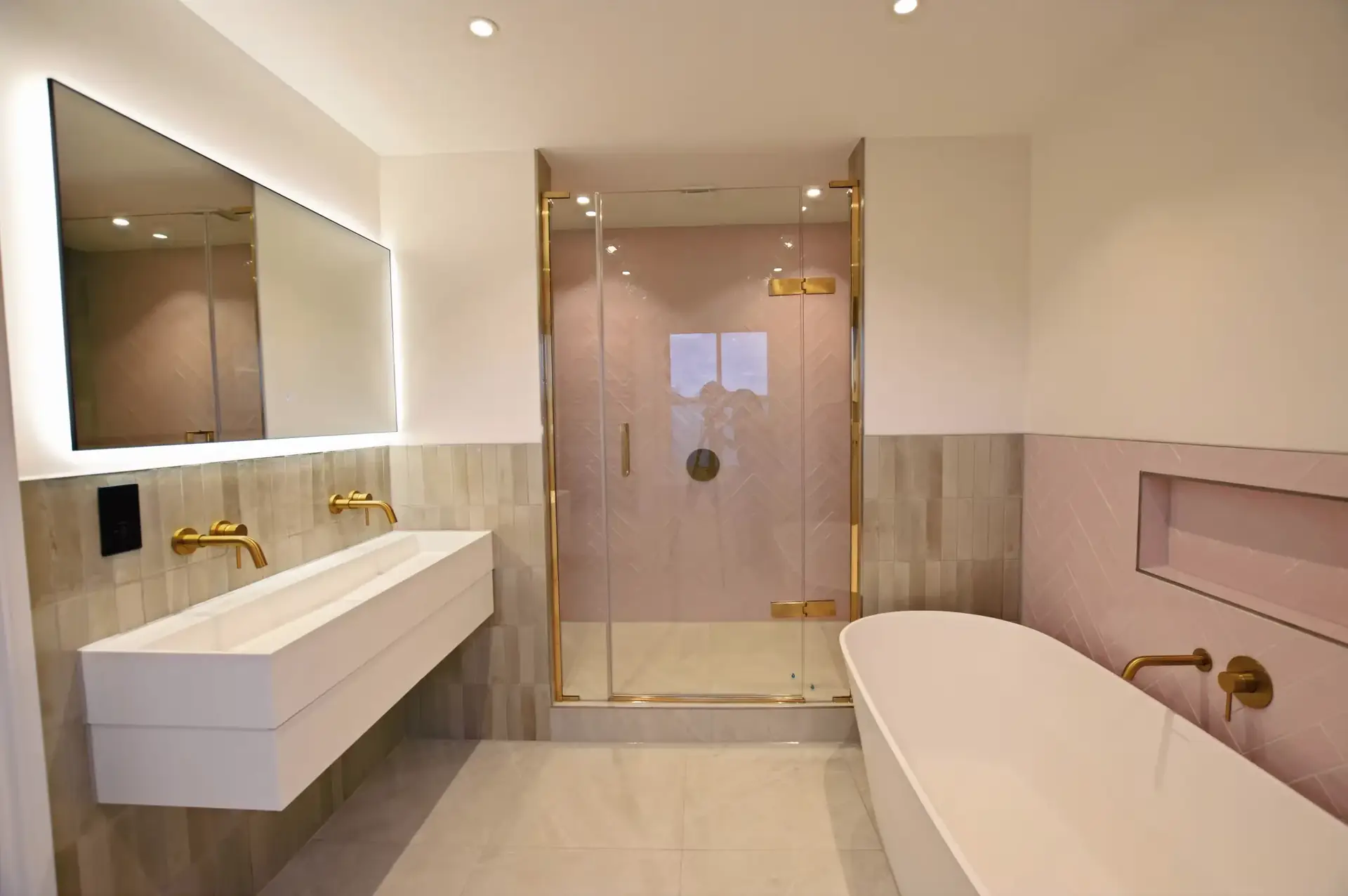 Daughter's ensuite completed - freestanding bath, shower and brass fixtures, Clapham