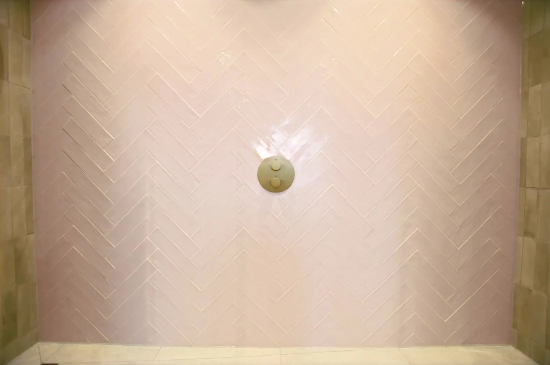 Blush pink herringbone tiling detail, daughter's ensuite shower