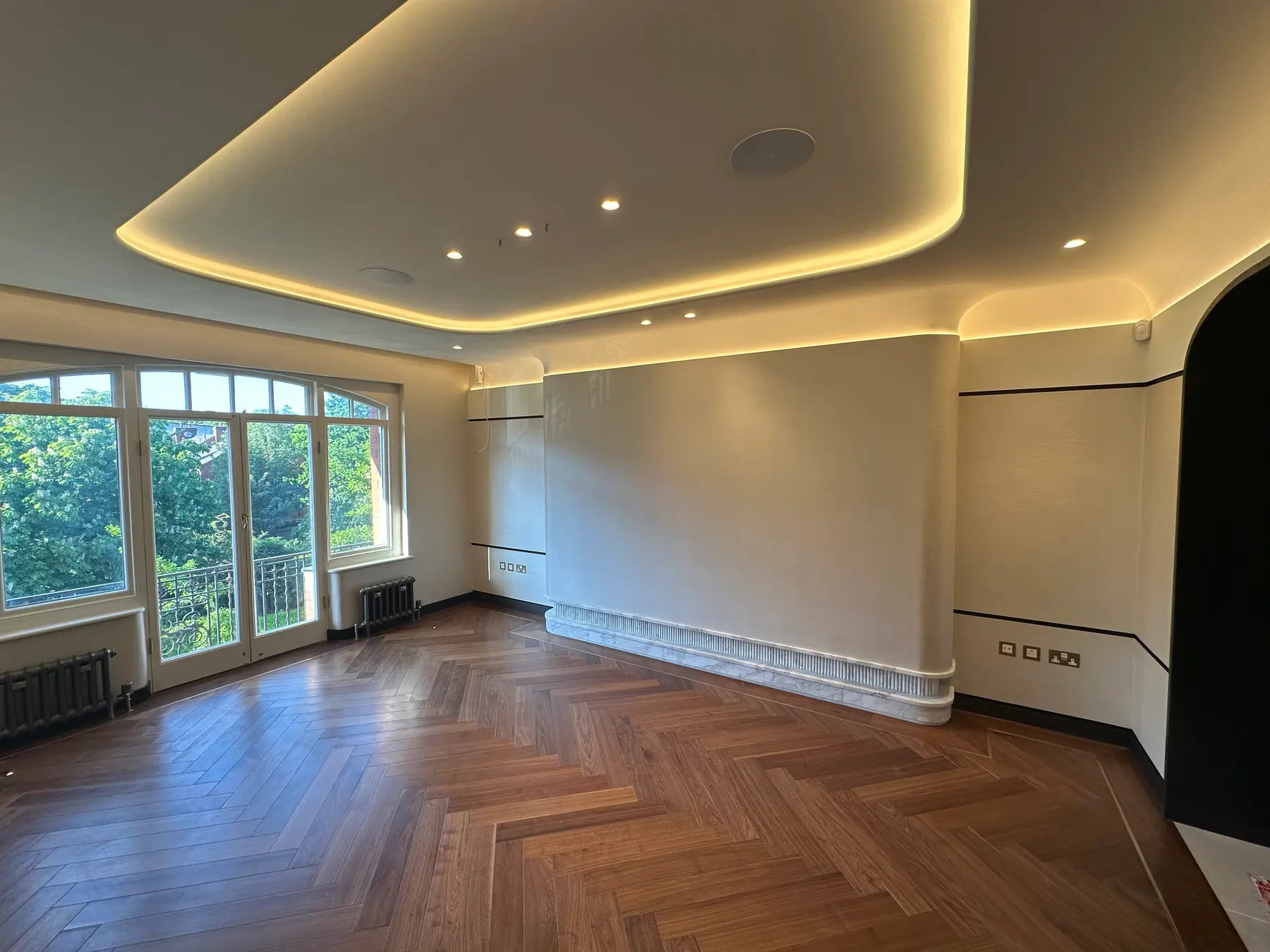 Holland Park apartment - luxury reception room with LED tray ceiling and herringbone floor, London W14