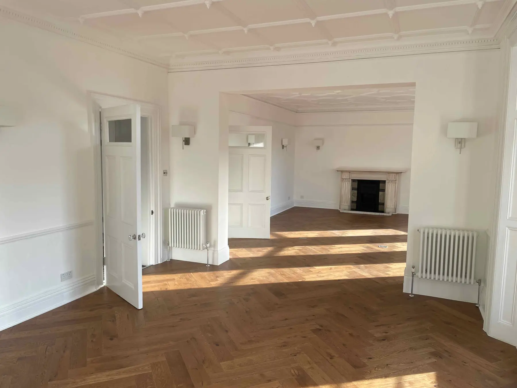 Completed herringbone oak flooring - Westminster London SW1P apartment refurbishment